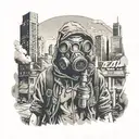 post apocalyptic wanderer with gas mask and hood with background of big city tattoo design idea