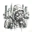 post apocalyptic wanderer with gas mask and hood with background of big city tattoo design idea