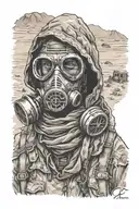 post apocalyptic wanderer with gas mask and hood and scarf in desert tattoo design idea