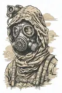 post apocalyptic wanderer with gas mask and hood and scarf in desert tattoo design idea