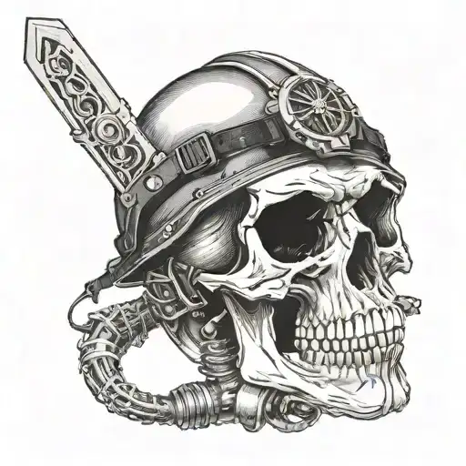 skull biting a knife wearing a modern high cut helmet with quad tube nvgs  tattoo design idea