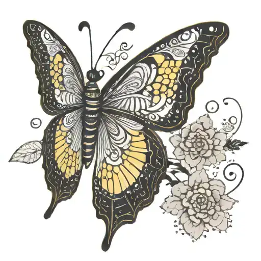 A minimalist black and white outline of a yellow butterfly with intricate dotwork details tattoo design idea