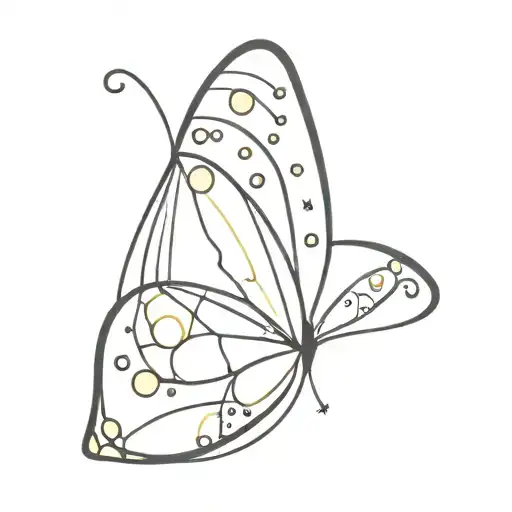 A minimalist black and white outline of a yellow butterfly with intricate dotwork details tattoo design idea