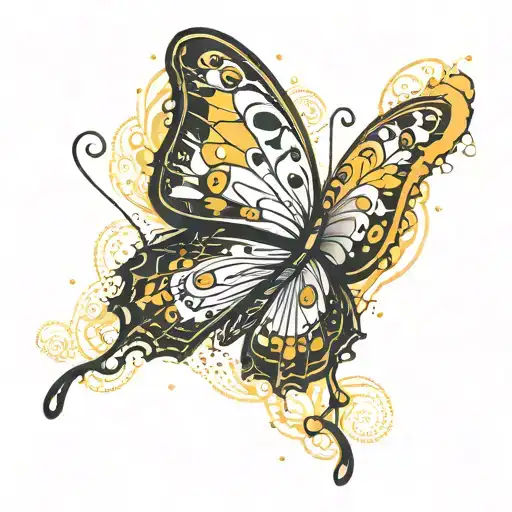 A minimalist black and white outline of a yellow butterfly with intricate dotwork details tattoo design idea