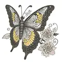 A minimalist black and white outline of a yellow butterfly with intricate dotwork details tattoo design idea
