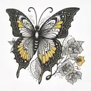 A minimalist black and white outline of a yellow butterfly with intricate dotwork details tattoo design idea
