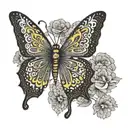 A minimalist black and white outline of a yellow butterfly with intricate dotwork details tattoo design idea