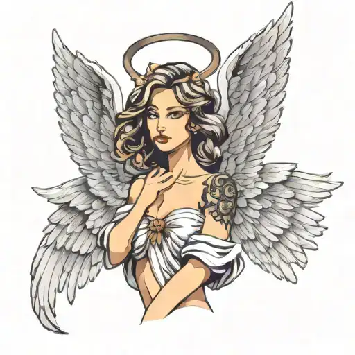 beautiful women stand sideway shown as an angel with wings tattoo design idea