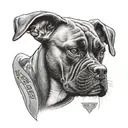 Create a tattoo featuring a Boxer dog wearing an Arkansas Razorbacks football jersey, with a background of a cooperage workshop tattoo design idea
