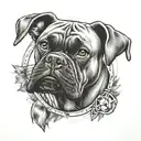Create a tattoo featuring a Boxer dog wearing an Arkansas Razorbacks football jersey, with a background of a cooperage workshop tattoo design idea