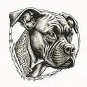 Create a tattoo featuring a Boxer dog wearing an Arkansas Razorbacks football jersey, with a background of a cooperage workshop tattoo design idea