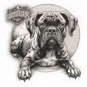 Create a tattoo featuring a Boxer dog wearing an Arkansas Razorbacks football jersey, with a background of a cooperage workshop tattoo design idea