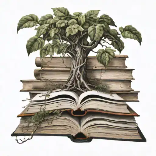stack of books with tree of knowledge sprouting from an open book on the top tattoo design idea