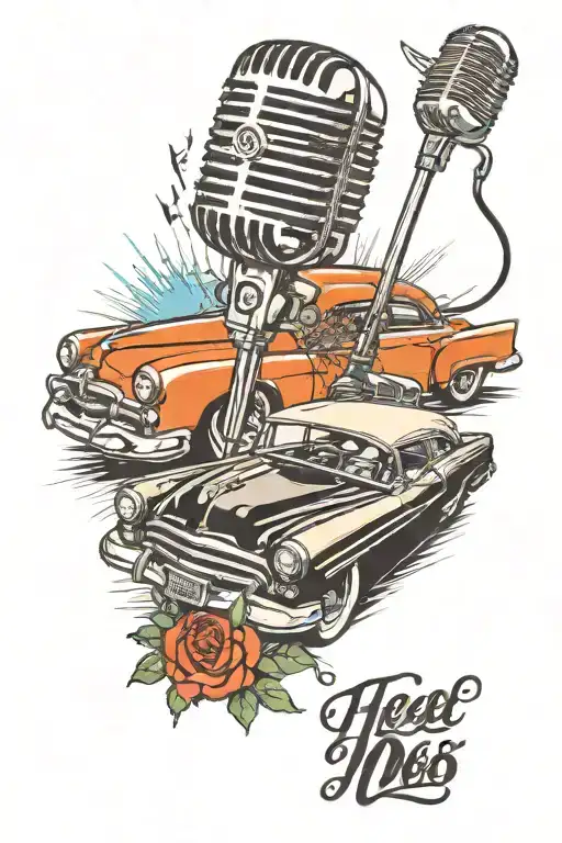 1950s music and microphone and old car with fiee tattoo design idea