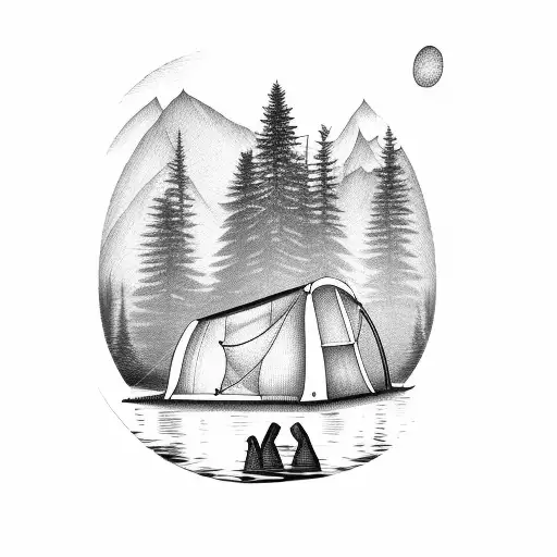 lake with a tent and pinetrees tattoo design idea