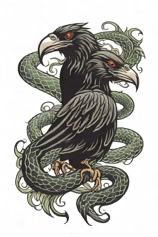 crow fighting snake tattoo design idea