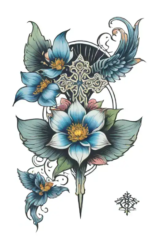 Cross with blue lotus flower in the center angle wings tattoo design idea