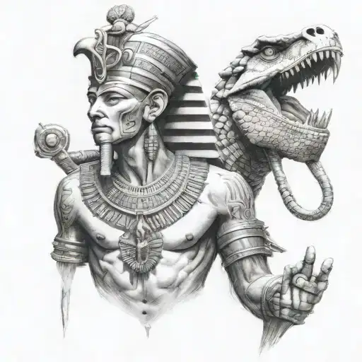 Egyptian god Sebes with the head of a crocodile in the headdress of a pharaoh with the talisman of immortality "ankha" tattoo design idea