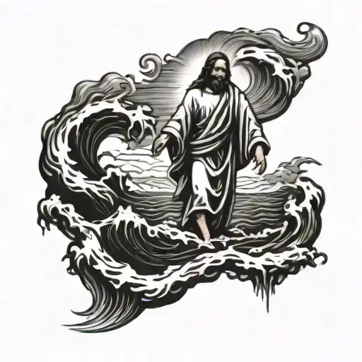 Jesus walking on water with cross surrounded tattoo design idea