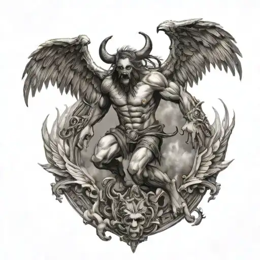 demon falling from the sky, with angel wings already turning into demon wings, horns, the demon on his back tattoo design idea