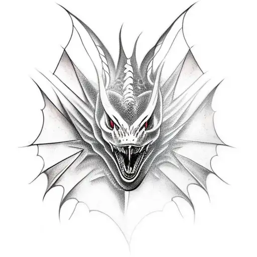 Create  a realistic tattoo design featuring a black dragon. The tattoo should extend from over the shoulder  tattoo design idea