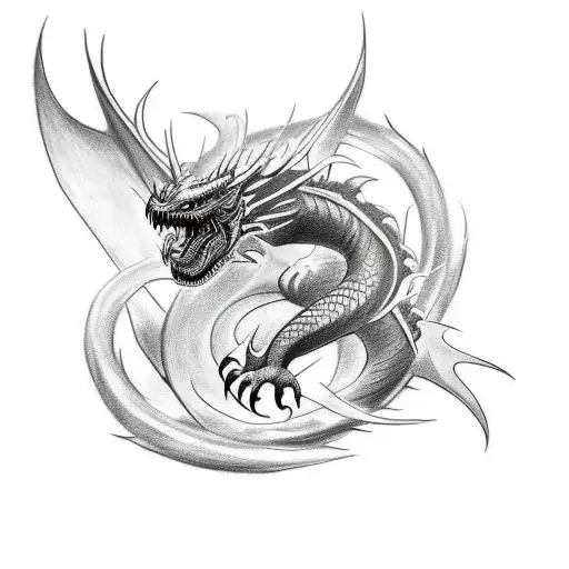 Create a drawing of a realistic tattoo design featuring a black dragon. The tattoo should extend from over the shoulder  tattoo design idea