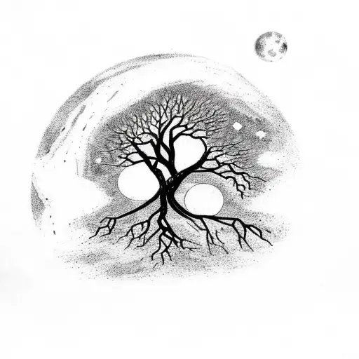 Tree under moonlight with a panther on branch. Trunk twists into DNA strand . There's planets stars and nebulas in sky.  tattoo design idea