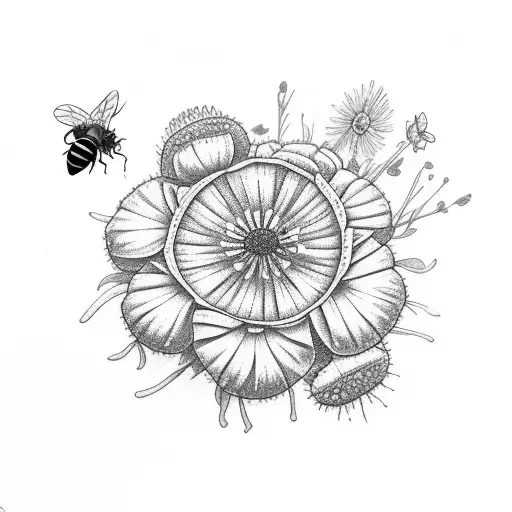 A Texas wildflower bouquet with a hidden bee among the petals tattoo design idea