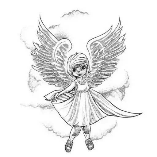 full body woman with short pixie cut blonde hair dressed as an angel wearing a halo and a short white dress big clouds tattoo design idea