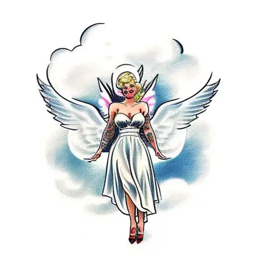 a pinup woman with pixie cut blonde hair dressed as an angel wearing a halo and a sexy white dress big clouds tattoo design idea