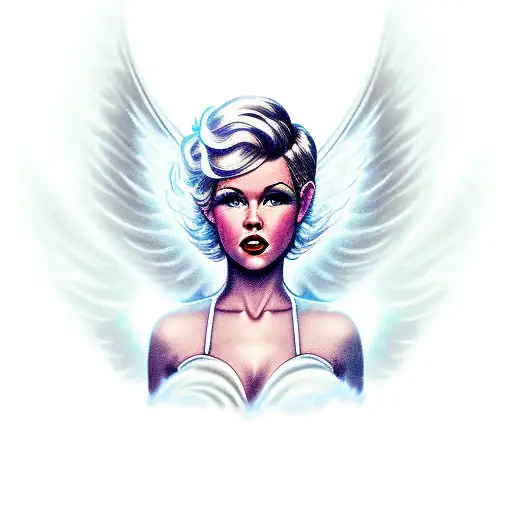 a pinup woman with short pixie cut blonde hair dressed as an angel wearing a halo and a short white dress big clouds tattoo design idea