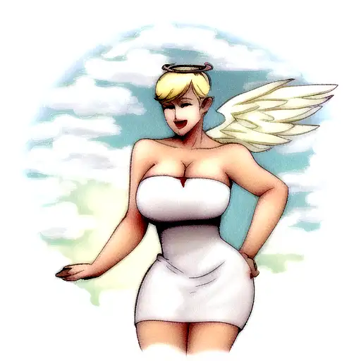 a pinup woman with pixie cut blonde hair dressed as an angel wearing a halo and a sexy white dress big clouds tattoo design idea