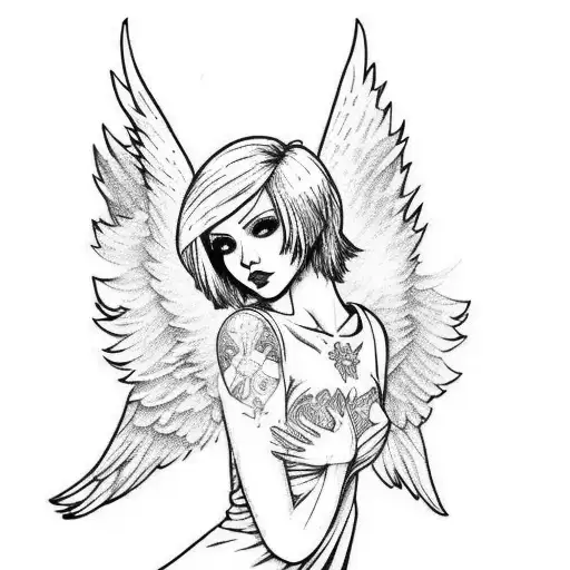 full body woman with short pixie cut blonde hair dressed as an angel wearing a halo and a short white dress big clouds tattoo design idea