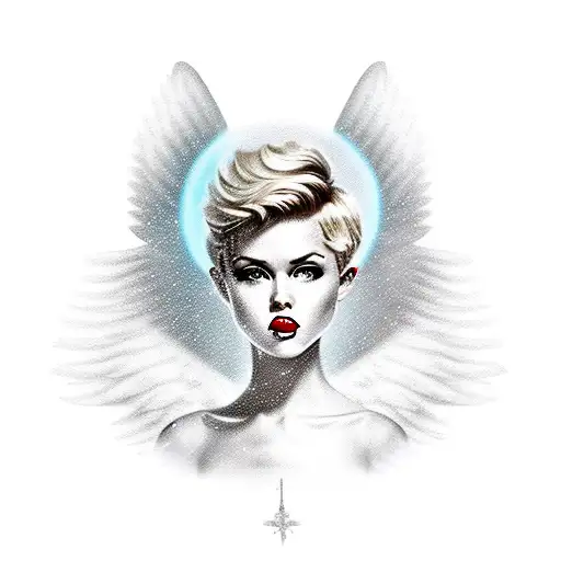a pinup woman with short pixie cut blonde hair dressed as an angel wearing a halo and a short white dress big clouds tattoo design idea