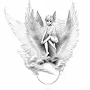 pixie cut blonde sexy pinup girl angel wearing a halo and a short dress with fluffy colourful clouds tattoo design idea