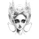 pixie cut blonde sexy pinup girl angel wearing a halo and a short dress with fluffy colourful clouds tattoo design idea