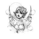 pixie cut blonde sexy pinup girl angel wearing a halo and a short dress with fluffy colourful clouds tattoo design idea