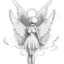pixie cut blonde sexy pinup girl angel wearing a halo and a short dress with fluffy colourful clouds tattoo design idea