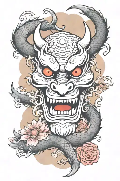 a dragon flying around a japanese demon mask with flora surrounding them, make the demon smaller and the dragon visible  tattoo design idea