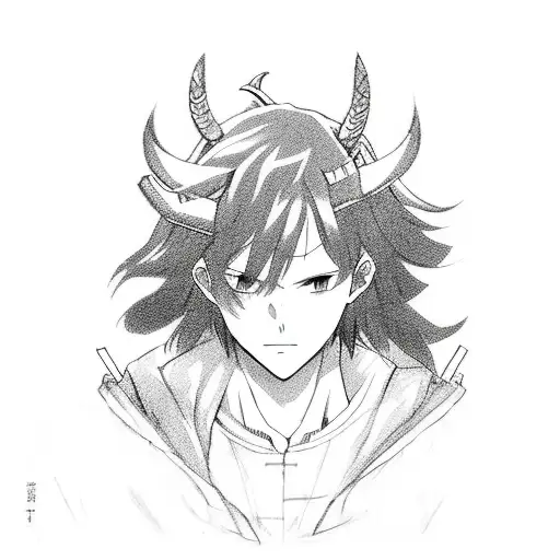 a anime man with horns and a halo, in a bomber jacket and joggers tattoo design idea