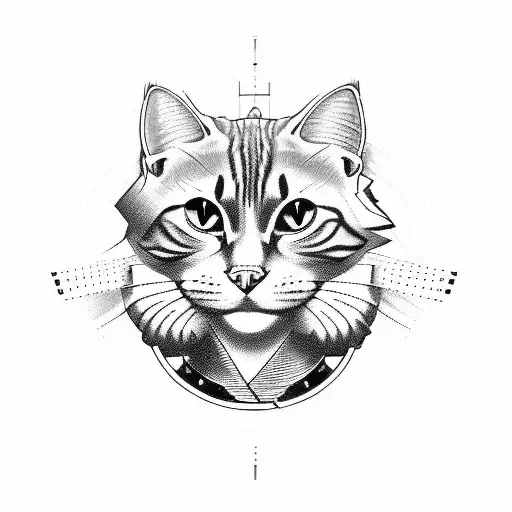Engineer's blueprint of a motorcycle merged with a cat silhouette tattoo design idea