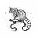 A cat riding a motorcycle with a trail of paw prints forming a winding road tattoo design idea