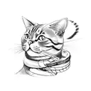 A cat riding a motorcycle with a trail of paw prints forming a winding road tattoo design idea