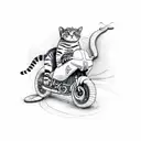 A cat riding a motorcycle with a trail of paw prints forming a winding road tattoo design idea