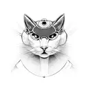 A sleek motorcycle speeding through a cityscape with cat eyes in the headlights tattoo design idea