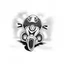 A sleek motorcycle speeding through a cityscape with cat eyes in the headlights tattoo design idea
