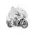 A sleek motorcycle speeding through a cityscape with cat eyes in the headlights tattoo design idea