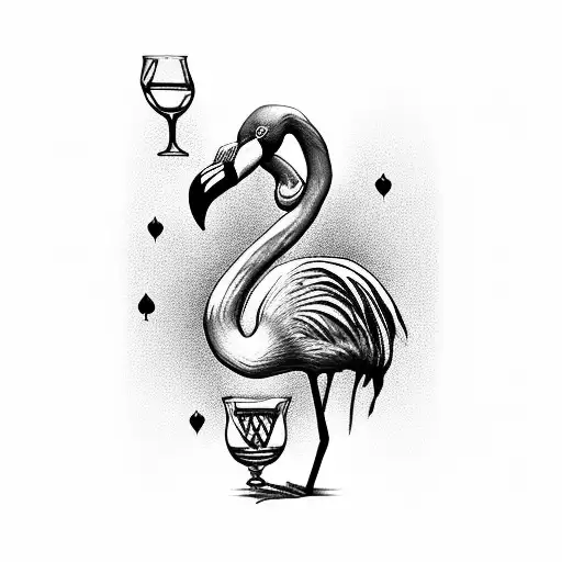 flamingo with whiskey glass Mardi Gras beads poker tattoo design idea