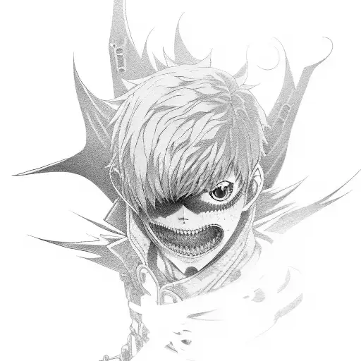 Reference to Tokyo Ghoul, Berserk, Death Note, Jujitsu Kaisen, Cyberpunk Edge runners tattoo design idea