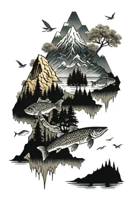 honeycomb, trees, mountains and fishing   tattoo design idea